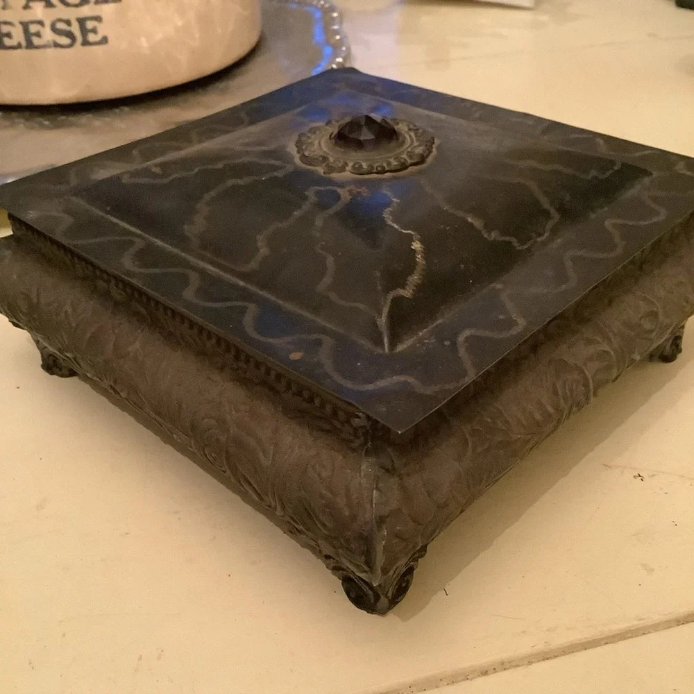 Vintage Antique Square Metal Decorated Jewelry Trinket Box